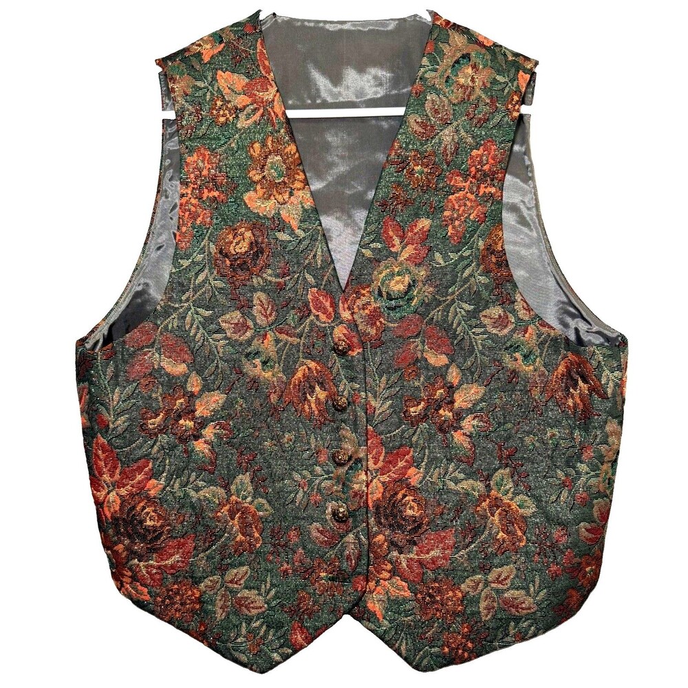 Green Floral Tapestry Vest Womens Large Button Front Cottagecore Lined Waistcoat